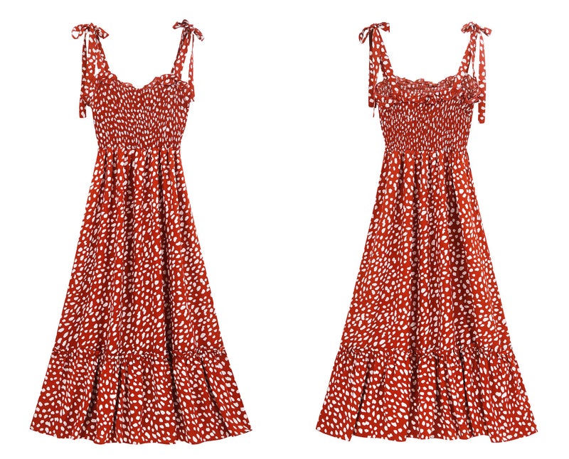 R.Vivimos Women's Summer Straps Cotton Irregular Polka Dot Ruffles Midi Dress (Small, Orange) - Image 5